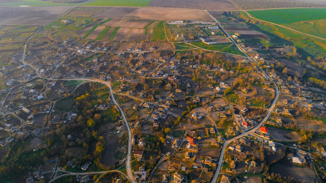 A nice-looking shot of a picturesque village, aerial view.