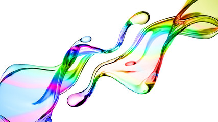 Splash of multi-colored transparent liquid. 3d illustration, 3d rendering.