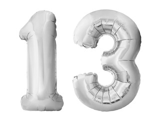 Number 13 thirteen made of silver inflatable balloons isolated on white background. Silver chrome helium balloons forming 13 thirteen number - obrazy, fototapety, plakaty