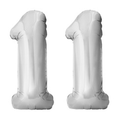 Number 11 eleven made of silver inflatable balloons isolated on white background. Silver chrome balloons forming 11 eleven number