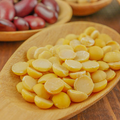 Close up,macro soy beans in  wooden spoon