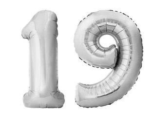 Number 19 nineteen made of silver inflatable balloons isolated on white background. Silver chrome...