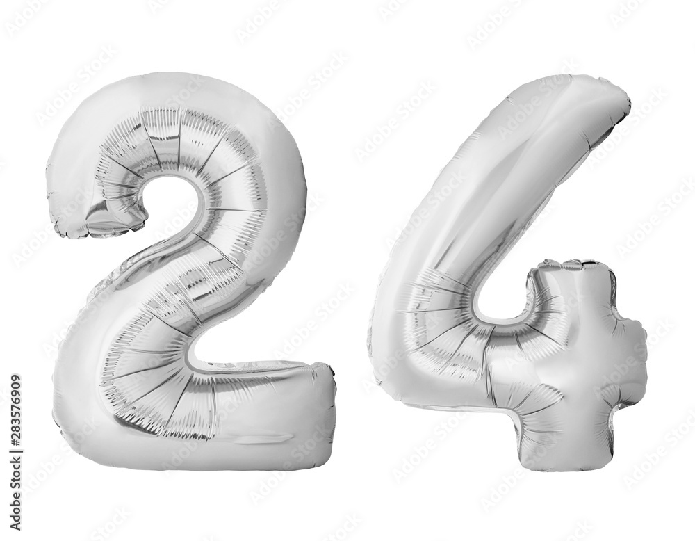 Wall mural number 24 twenty four made of silver inflatable balloons isolated on white background. silver chrome