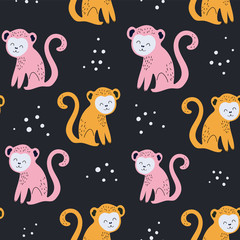 Hand drawn seamless background with monkeys.Pattern with cute design. Scandinavian style design. Vector illustration