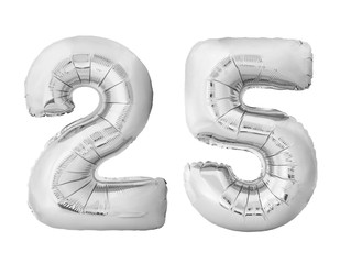 Number 25 twenty five made of silver inflatable balloons isolated on white background. Silver...