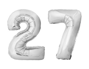 Number 27 twenty seven made of silver inflatable balloons isolated on white background. Silver chrome helium balloons forming 27 twenty seven number