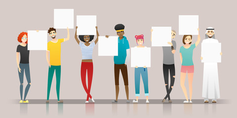Group of young people holding empty boards , vector , illustration