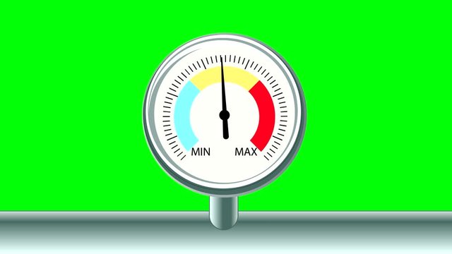 pressure gauge with minimum and maximum. the arrow moves, shows different levels. isolated on a green background. animation video.