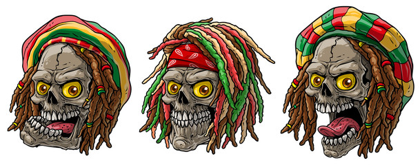 Cartoon detailed realistic colorful scary human jamaican rasta skulls with dreadlocks and cap. Isolated on white background. Vector icon set.