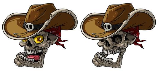 Cartoon detailed realistic colorful scary human cowboy skulls with leather hat and bandana. Isolated on white background. Vector icon set.