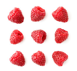 Set of raspberry berries on a white background. The view of top.