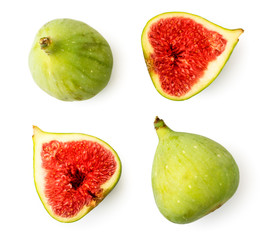 Set of green figs and two red halves on a white. The view of the top.