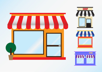 Flat icon set of store  front window with awning