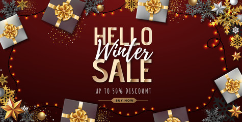 Fototapeta na wymiar Christmas poster with golden Christmas snowflakes and presents. Winter big sale poster