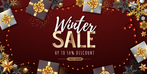 Fototapeta na wymiar Christmas poster with golden Christmas snowflakes and presents. Winter big sale poster