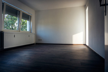 Blick in ein leeres Zimmer mit edlem Holz Parkett und Sonnenstrahlen. Aus dem Fenster ein Baum