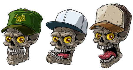 Cartoon detailed realistic colorful scary human skull in trucker cap with yellow eyes. Isolated on white background. Vector icon set.