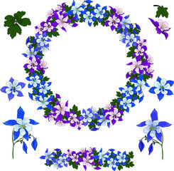vector wreaths of blue and purple aquilegia