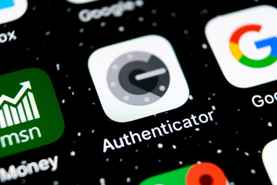 Sankt-Petersburg, Russia, February 3, 2019: Google authenticator application icon on Apple iPhone X smartphone screen close-up. Google Authenticator app icon. Social network. Social media icon
