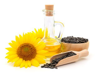 Sunflower oil, seeds and flower.