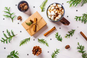 Christmas composition. Christmas flat lay, white background.