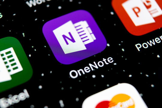 Sankt-Petersburg, February 3, 2019: Microsoft OneNote office application icon on Apple iPhone X screen close-up. Microsoft One Note app icon. Microsoft OneNote application. Social media network