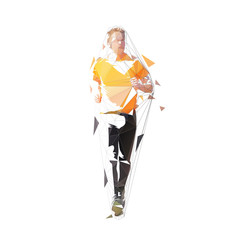 Runner, front view isolated polygonal vector illustration, abstract geometric drawing of marathon runner in orange shirt