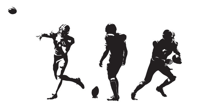 American football players, group of football players. Set of ink drawing illustrations. Isolated vector silhouettes