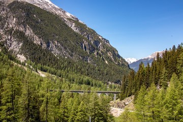 View of interesting streets and railway bridges in the Albula valley in the swiss alps
