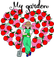 My garden. Young happy woman with a shovel in her hands against the background of the heart of apples. Work in the garden. Recreation Leisure, garden care, garden. Creative activities. Cartoon flat ve