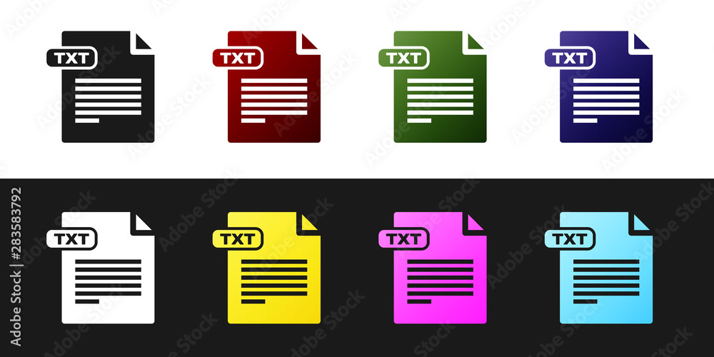 Fototapete Set TXT file document. Download txt button icon isolated on black and white background. Text file extension symbol. Vector Illustration
