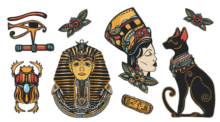 Ancient Egypt elements. Pharaoh,  black cats, sacred scarab, egyptian queen Cleopatra, eye Horus. Old school tattoo vector collection. Traditional tattooing style - obrazy, fototapety, plakaty