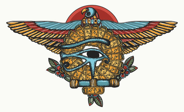 Ancient Egypt color tattoo. Sacred golden eagle and sun. Horus eye and egyptian falcon. History art, t-shirt design