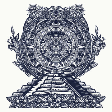 Aztec sun stone and pyramids Chichen Itzá and Kukulkan god (Feathered serpent). Quetzalcoatl. Mesoamerican mexico mythology and culture.Mayan calendar and ncient glyphs