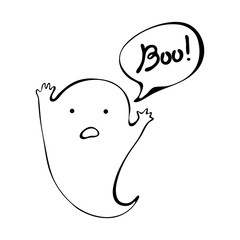 Ghost. Cute Halloween ghost with speech bubble. Boo lettering. Vector. isolated on white background. Hand drawn childish illustration. Used for wallpaper, pattern fills, web page