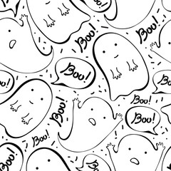 Cartoon cute Doodle hand drawn Halloween seamless pattern. Funny ghosts say Boo. Vector background design for fun Halloween decoration. Naive, childish style of drawing. For packaging,