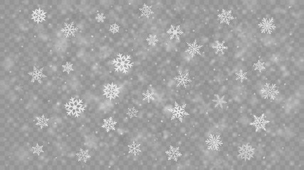 Christmas blurred illustration of complex defocused big and small falling snowflakes in white and gray colors with bokeh effect on transparent background