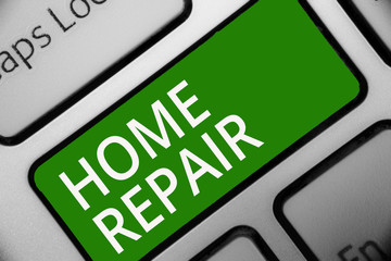 Text sign showing Home Repair. Conceptual photo maintenance or improving your own house by yourself using tools Keyboard green key Intention create computer computing reflection document