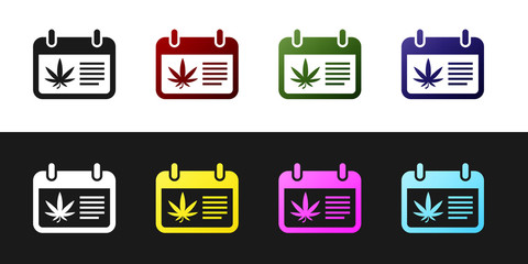 Set Calendar and marijuana or cannabis leaf icon isolated on black and white background. National weed day. Hemp symbol. Vector Illustration