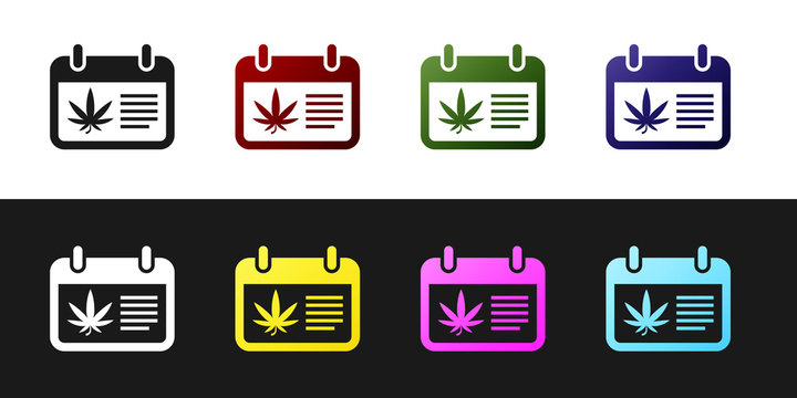 Set Calendar and marijuana or cannabis leaf icon isolated on black and white background. National weed day. Hemp symbol. Vector Illustration