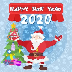 poster for the new year. Santa Claus is holding a gift