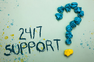 Handwriting text 24 7 Support. Concept meaning Giving assistance to service whole day and night No downtime Crumpled papers forming question mark several tries unanswered doubt