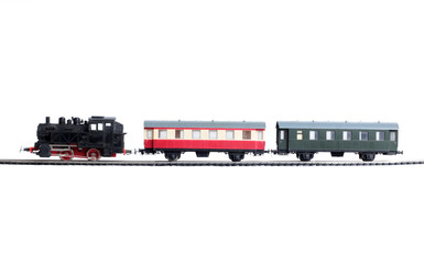 Model of a steam locomotive and passenger cars on rails on a white background - obrazy, fototapety, plakaty