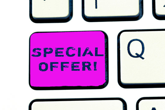 Text sign showing Special Offer. Conceptual photo Discounted price Markdown Promotional Items Crazy Sale.