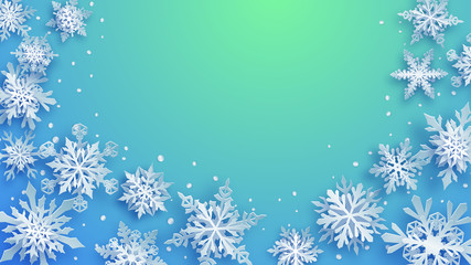 Fototapeta na wymiar Christmas illustration of white complex paper snowflakes with soft shadows on light blue and turquoise background