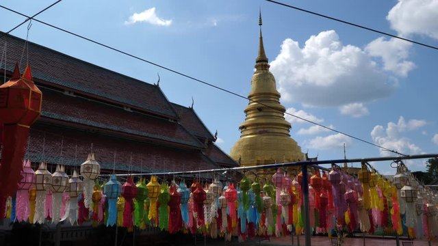 yi peng festival amazing tourism Thailand in Wat Pra That Hariphunchai decoration with colorful traditional lanna lantern, Lamphun province