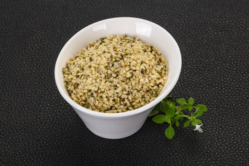 Peeled hemp seeds in the bowl