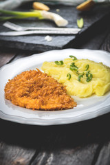 Chicken steak or schnitzel with mashed potatoes