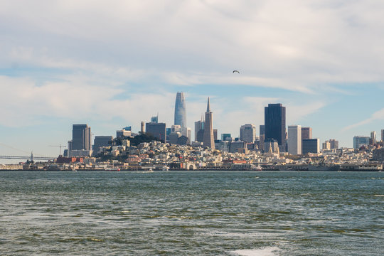 Panoramic symbolic view of San Francisco city and Financial District skyscrapers from a boat tour on a sunny day with clear blue skies, California