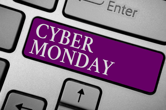 Writing note showing Cyber Monday. Business photo showcasing Marketing term for Monday after thanksgiving holiday in the US Keyboard purple key Intention computer computing reflection document